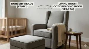 Illustration showing how affordable nursery gliders under $400 can transition into stylish living room armchairs.