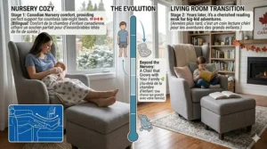 Lifestyle illustration showing a versatile nursery glider and ottoman repurposed as a cozy living room reading chair.