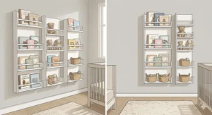 Vertical wall-mounted bookshelves used as nursery storage solutions for small rooms to maximize floor space.