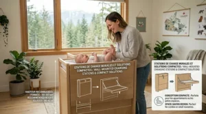 Proper mounting height for a wall-fold changing table in a compact Canadian apartment or condo nursery.
