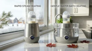 Graphic detailing the 3-in-1 functionality of an automatic baby bottle sterilizer and dryer that safely stores clean bottles.