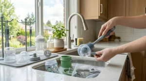 A versatile baby bottle brush being used to safely wash silicone breast pump components and toddler sippy cups.