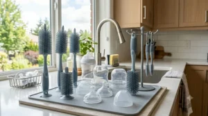 A blue baby bottle brush standing upright on its suction cup base on a countertop for hygienic air drying.