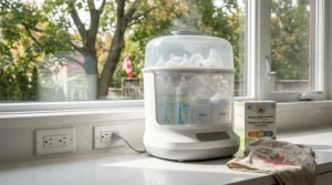 A busy Canadian family enjoying time together while a quiet, hands-free baby bottle sterilizer automatically sanitizes baby gear.