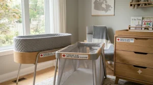 An illustrated guide to checking weight and height restrictions on bassinets and playpens, helping parents understand how to choose safe baby furniture.