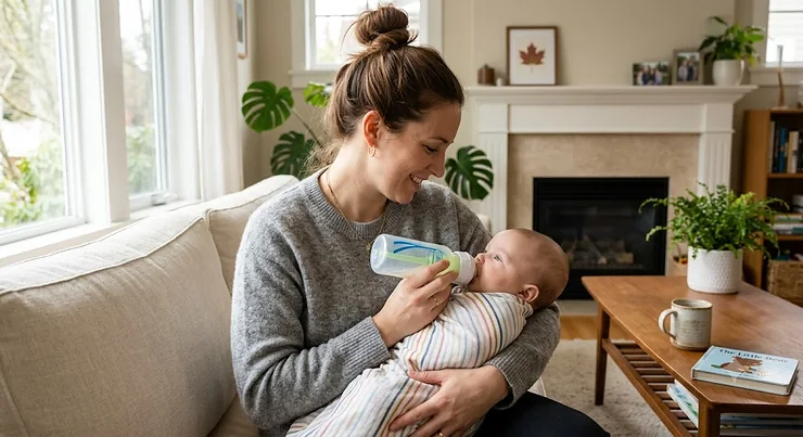 A Canadian mother happily feeding her calm newborn baby with one of the best anti-colic bottles, preventing gas and fussiness in a cozy Toronto home.