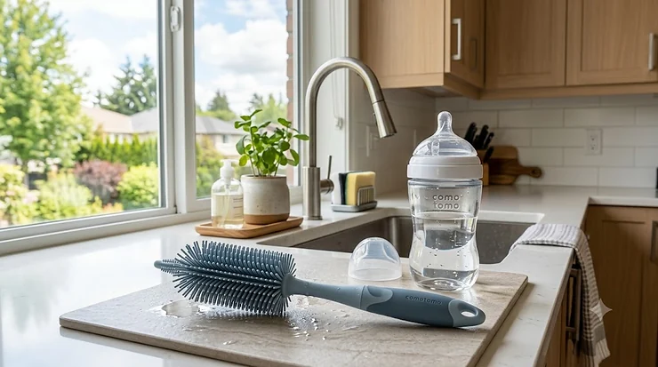 A premium silicone baby bottle brush resting on a drying rack next to a clean glass bottle in a modern Canadian kitchen.