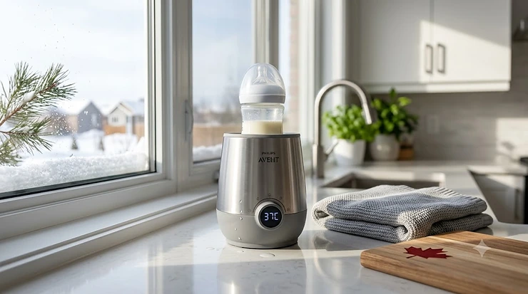 Top-rated electric baby bottle sterilizer on a modern Canadian kitchen countertop, sterilizing infant bottles and accessories efficiently.