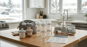 An illustration of the best baby bottles labeled with a child's name for a Canadian daycare or garderie setting.