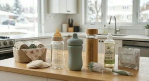 An illustration of recyclable glass and organic silicone baby bottles, showcasing sustainable options for the best baby bottles in Canada.