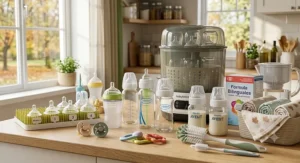 An illustration of a newborn starter kit featuring the best baby bottles, nipples, and a cleaning brush on a kitchen counter.