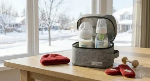 An illustration of the best baby bottles packed inside an insulated travel bag next to a winter toque and mittens.
