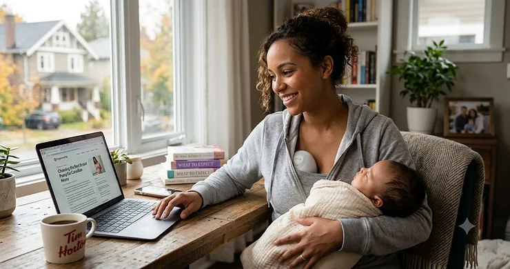 A Canadian mother smiling while using the best breast pump at her home desk in Toronto, featuring a hands-free wireless pump.