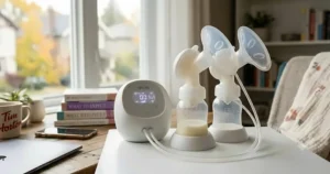 Vector art showing a double electric breast pump with bottles and tubing, ideal for Canadian mothers returning to work.
