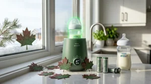 An eco-friendly, energy-efficient baby bottle warmer designed for environmentally conscious Canadian homes.