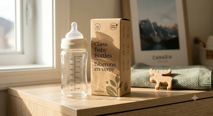 Premium eco-friendly glass baby bottles with bilingual English and French packaging in a sunlit Canadian nursery.
