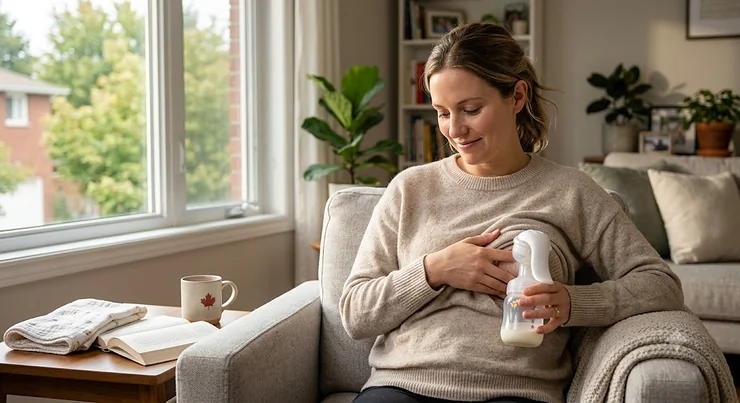 A Canadian mother comfortably using a manual breast pump while relaxing in a bright, modern living room.