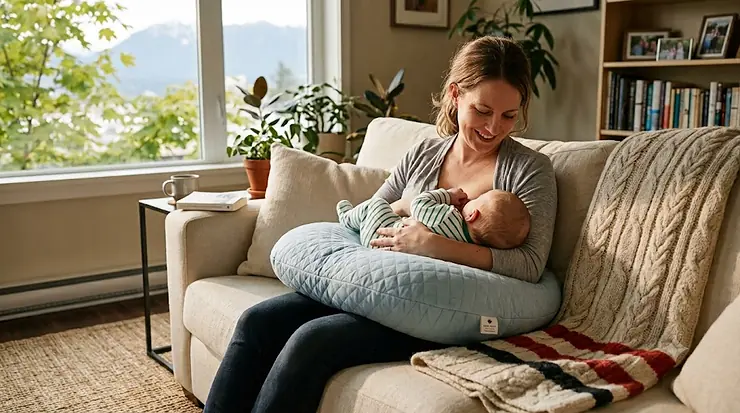 A Canadian mother comfortably breastfeeding her newborn baby in a living room using the best nursing pillow for ergonomic support.
