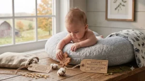 Infographic illustrating the growth stages of a baby using the best nursing pillow for feeding, tummy time, and sitting support.