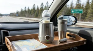 A portable travel baby bottle warmer ready for a Canadian family road trip.