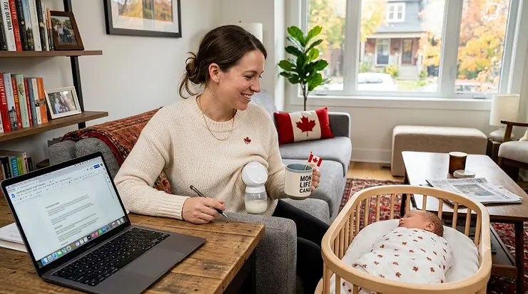 A Canadian mother multitasking on her laptop in a bright Toronto living room while using a discreet wearable breast pump.