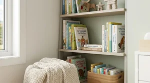 Minimalist modern nursery furniture bookshelf stocked with English and French Canadian children's storybooks in a cozy reading nook.