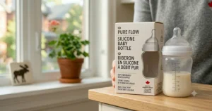 Product illustration of silicone baby bottles featuring bilingual English and French Canadian packaging labels.