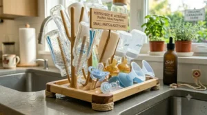 Versatile bottle drying rack featuring specialized compartments for drying breast pump components and infant pacifiers.