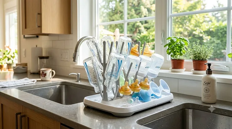 Modern countertop bottle drying rack filled with clean baby bottles and accessories in a bright Canadian home kitchen.