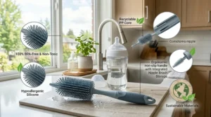 An eco-friendly, BPA-free baby bottle brush made from sustainable, non-toxic materials for safe infant care.