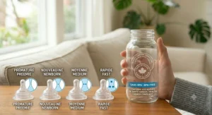 Graphic illustration of Health Canada safety standards and bilingual English and French Sans BPA certification badges for premium baby bottles.