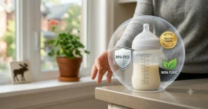 Illustration of a non-toxic silicone baby bottle with a safety shield, highlighting BPA-free materials compliant with Health Canada standards.