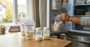 A visual guide illustrating how to safely label, store, and freeze breast milk in bags and bottles.