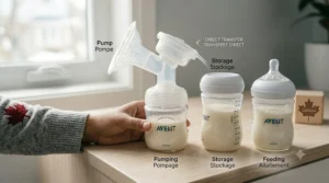 Line art illustration showing a breast pump adapting directly to wide neck baby bottles for breastfed babies to prevent milk loss during transfer.