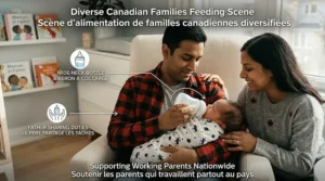 A cozy illustration of a Canadian dad using wide neck baby bottles for breastfed babies to share feeding duties at home during winter.