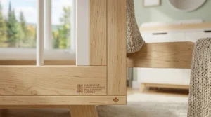 Close-up of sustainable solid Canadian maple wood grain used in crafting durable, modern nursery furniture.