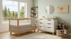 Modern nursery furniture styled with contemporary Canadian-themed decor, including a plush moose toy and neutral plaid textiles.