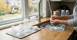 Infographic illustration showing how to properly clean and sanitize breast pump valves, membranes, and flanges.