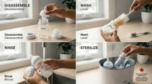Infographic guide on how to easily wash and sterilize wide neck baby bottles for breastfed babies following Health Canada safety guidelines.