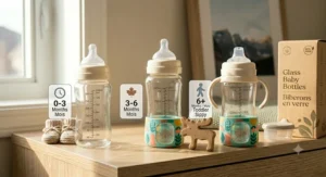 Growth stage illustration of wide-neck glass baby bottles adapting from newborn feeding to toddler sippy cups.