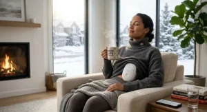 A Canadian mom sipping hot coffee next to a fireplace during winter, relaxing with a cordless wearable breast pump.