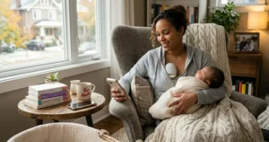 A mother sitting in a cozy armchair with a blanket, comfortably using an electric breast pump.