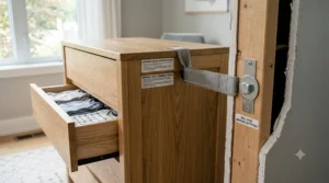 An illustrative guide showing a crib spindle measurement test to ensure gaps meet Canadian safety standards when learning how to choose safe baby furniture.
