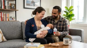 An indigenous Canadian mother smiling and holding her baby while wearing an ergonomic, discreet wearable breast pump.