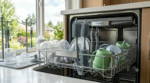 A durable silicone baby bottle brush placed securely in the top rack of a home dishwasher.