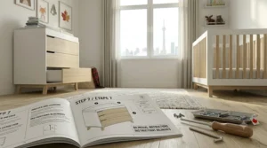 Illustration of easy assembly instructions in English and French for a Canadian modern nursery furniture set.