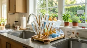 Sustainable, non-toxic baby bottle drying rack made from eco-friendly materials for Canadian parents.