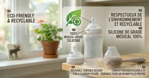 Eco-friendly illustration of a sustainable, long-lasting silicone baby bottle, appealing to environmentally conscious Canadian parents.