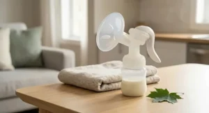 A minimalist illustration of a 100% food-grade silicone manual breast pump surrounded by green leaves, emphasizing safe, eco-friendly materials.