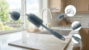 Detailed diagram illustrating the non-slip handle and scratch-free bristles of an ergonomic baby bottle brush.
